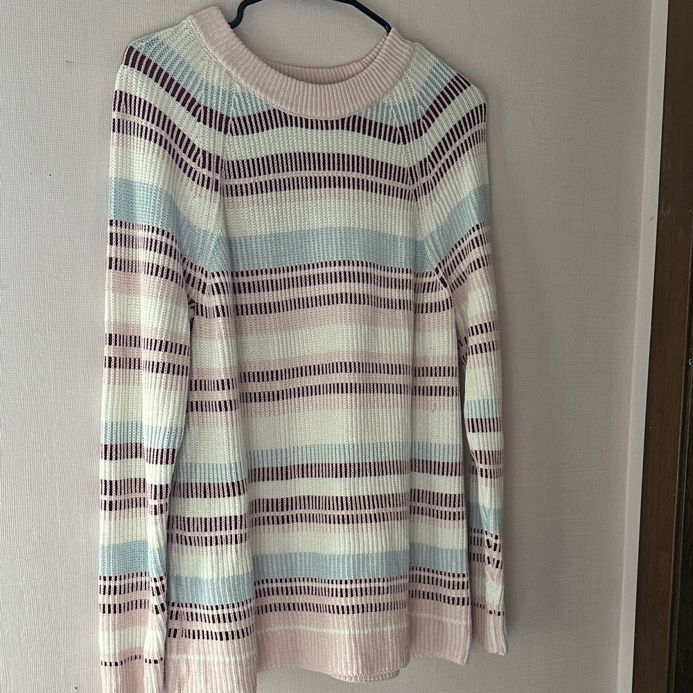 Lands' End Pastel Stripe Crewneck Sweater in Pink, Blue & Cream
